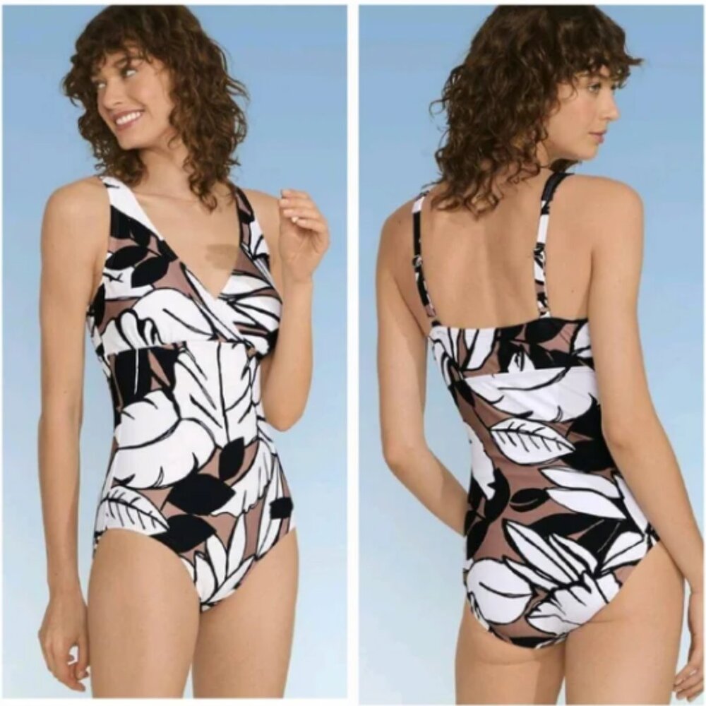 NEW! Land's End Black, White & Brown V-Neck Swimsuit Sizes Small or Medium